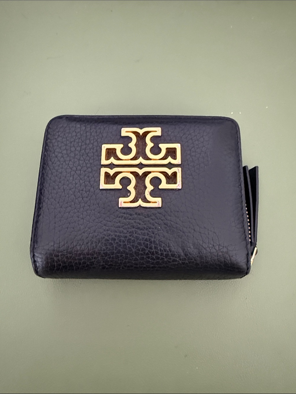 Tory Burch Black Leather Zip Around Wallet with Gold Logo